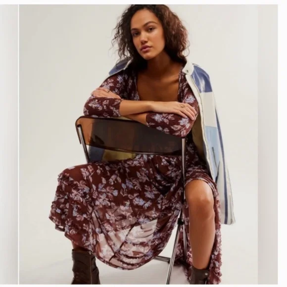 Free People Starlit Nights MIDI Dress Smocked Sheer Slip Floral Medium Med M FP - Picture 3 of 8